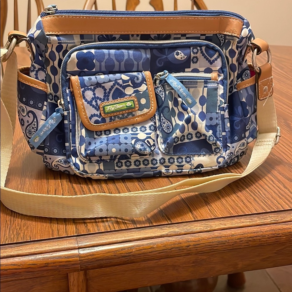 Lily Bloom Blue and Tan Satchel with Patchwork Design